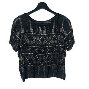 Karina Grimaldi Black Beaded Short Sleeve Silk Top Small